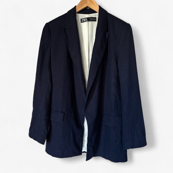 Zara Oversized Linen Blend Roll Up Sleeve Open Front Navy Blue Blazer Size XS - Picture 10 of 11